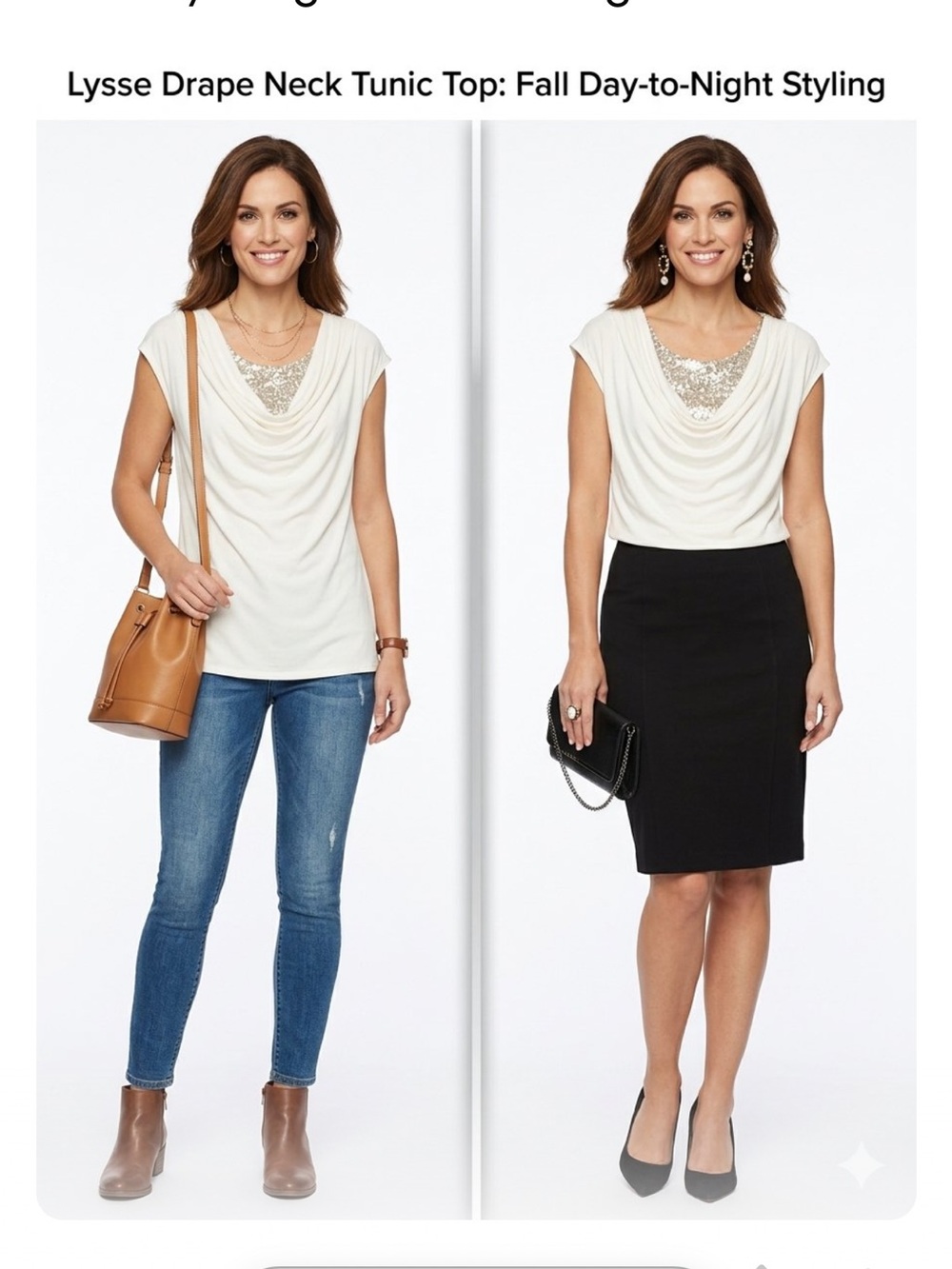 Lysse Cream Drape Neck Tunic Top 4 Way Stretch Cowl Neck Sequin